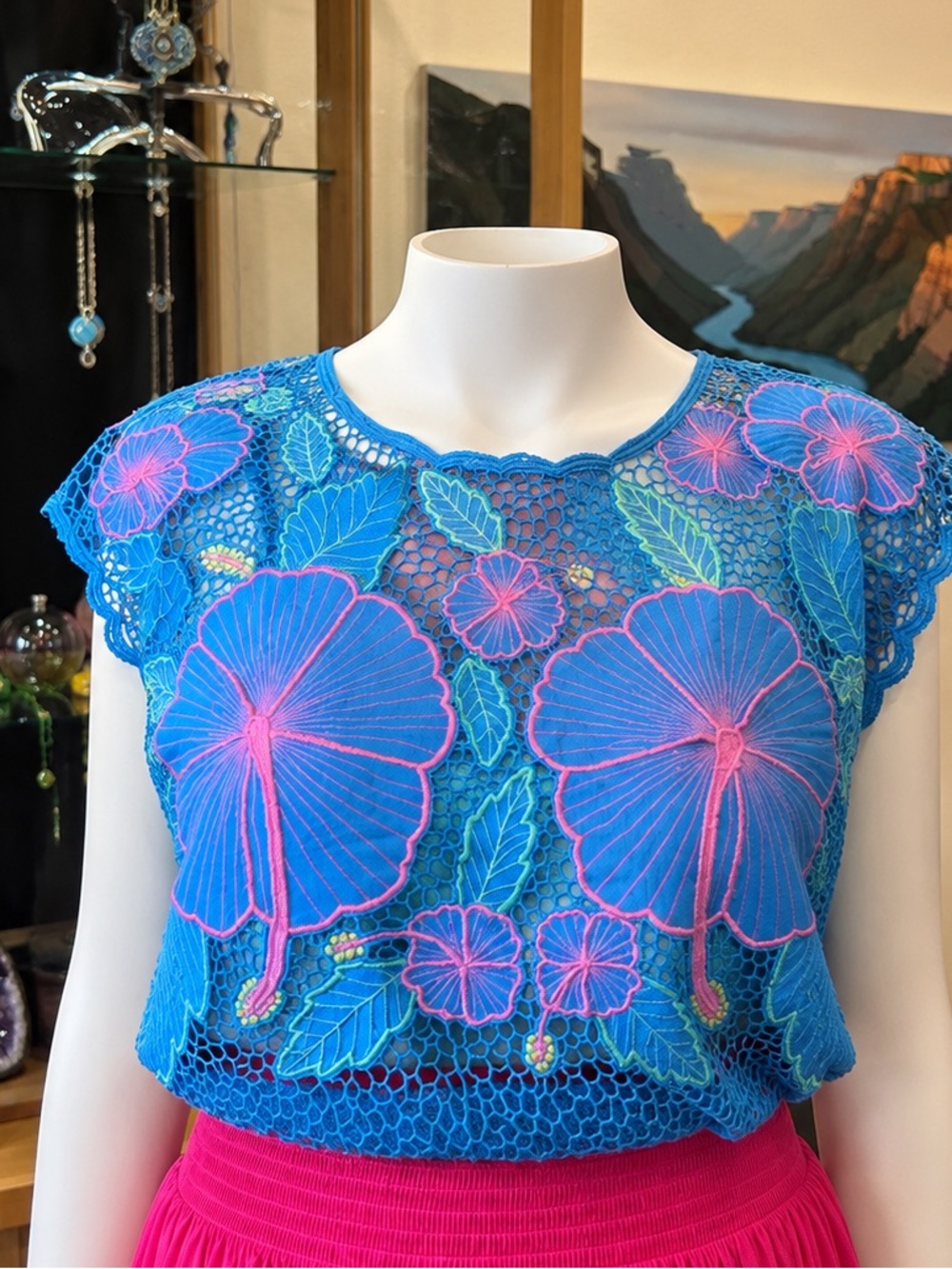 Vintage Blue Floral Embroidered Cut Work Crochet Top